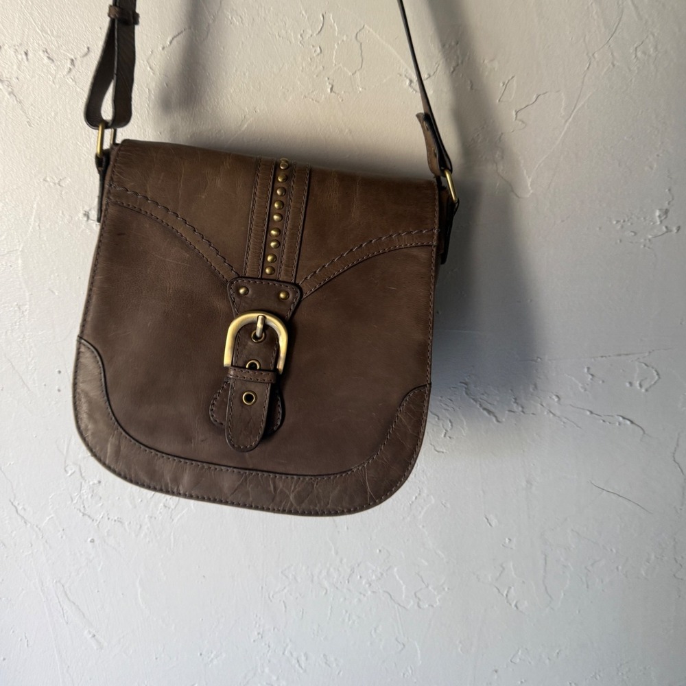 Börn Brown Leather Studded Buckle Flap Messenger Bag Purse Western Boho